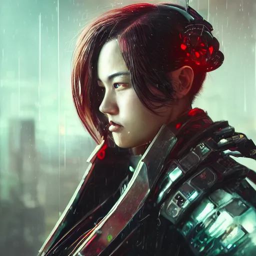 Image similar to An realistic epic fantastic comic book style portrait painting of a female cyber samurai by WLOP, black and reddish color armor, cyberpunk feel raining at tokyo rooftop, Concept world Art, unreal 5, DAZ, hyperrealistic, octane render, cosplay, RPG portrait, dramatic lighting, rim lights