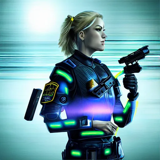 Image similar to “An android female police officer blonde hair in futuristic ballistic armor with neon LEDs in front of police car with sirens on, highly detailed digital art photorealistic”