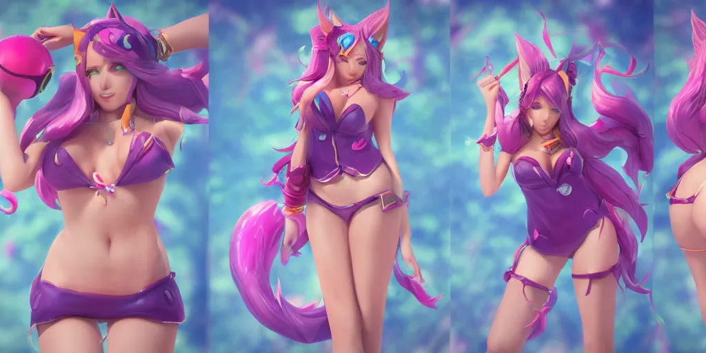 Image similar to Character sheet of gorgeous pool party ahri (League of Legends). 3d octane render trending on artstation