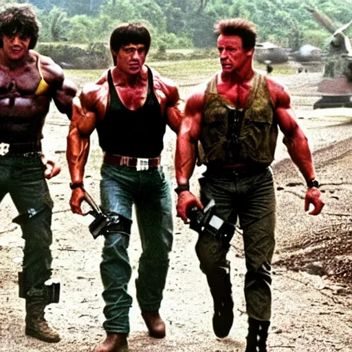 Image similar to stallone rambo and schwarzenegger commando loaded with weapons, derelict tech in the background