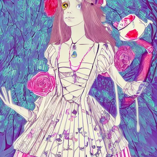 Prompt: Alice in Wonderland at the tea party, she looks like a mix of Grimes and zoë kravitz, very long fingernails, childlike, hair and dress billowing dramatically in the wind, wearing heaving stacks of pearl necklaces, surrounded by red and white roses, digital illustration, inspired by a stylistic blend of Aeon Flux, Japanese shoujo manga, and John singer Sargent paintings, hyper detailed, dreamlike, otherworldly and ethereal!!!!! delicate, flower petals, super photorealistic!! extremely fine inking lines, gradient colors