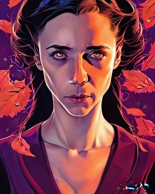 Image similar to beautiful stella maeve magician, black magic spells, in the style of joshua middleton, rafeal albuquerque comicbook cover art, phil noto, creepy pose, spooky, symmetrical face and body, volumetric lighting, cinematic lighting, detailed realistic symmetrical eyes, insanely detailed and intricate elegant, autumn leaves