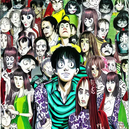 Prompt: junji ito manga characters colorful