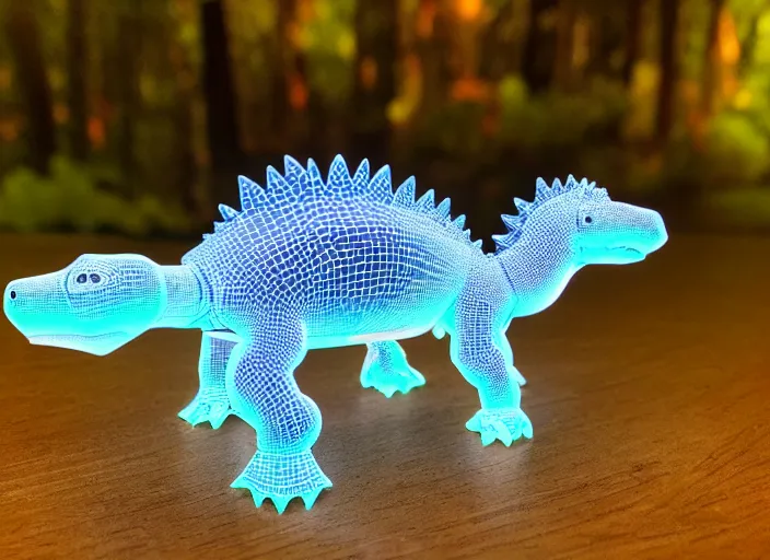 Prompt: photo of a translucent clear pixar 3 d style baby dinosaur stegosaurus, with symmetrical head and eyes, made out of clear plastic, but has red hypercolor glowing electric energy inside its body, and electricity flowing around the body. in the forest.. highly detailed. intricate design by pixar