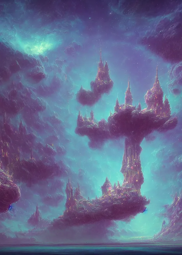 Image similar to an ultra detailed midjourney concept digital art painting of a flying island castle city, towers levitating across space in an iridescent nebula by paul lehr kazumasa uchio situated in a starry expanse of bioluminescent cosmic worlds by beksinski and beeple, ecological art, sharp details, floating citadel with towers, trending on artstation