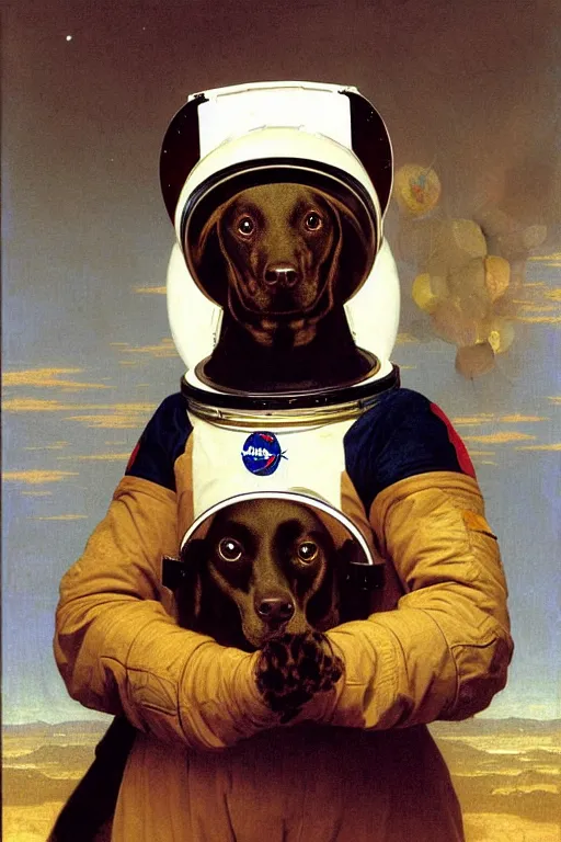 Image similar to portrait of a dog astronaut, wearing an astronaut helmet, by bouguereau