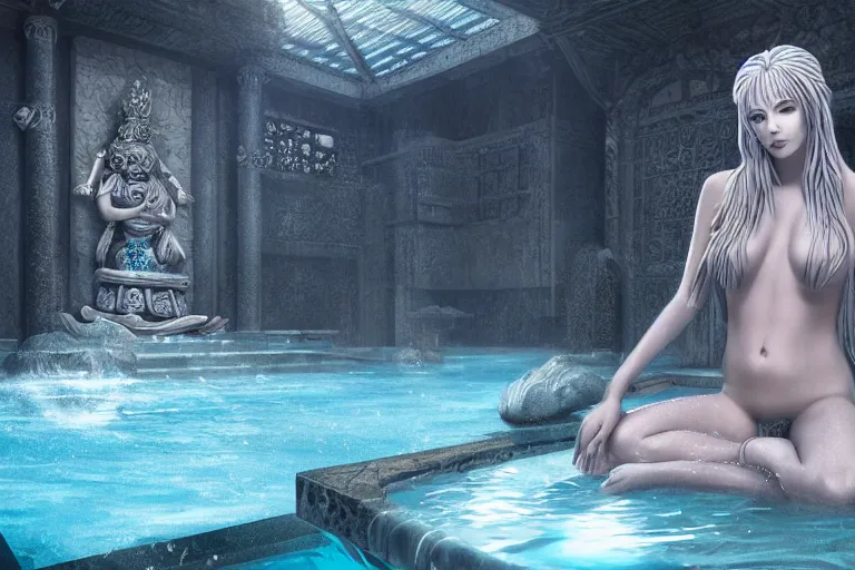 Image similar to female goddess, clothed in a pool in an icy realm at a shrine to worship her at, intricately detailed, physically based rendering, realistic, in the style of WLOP, illustration, epic, fantasy, hyper detailed, smooth, unreal engine, sharp focus, ray tracing