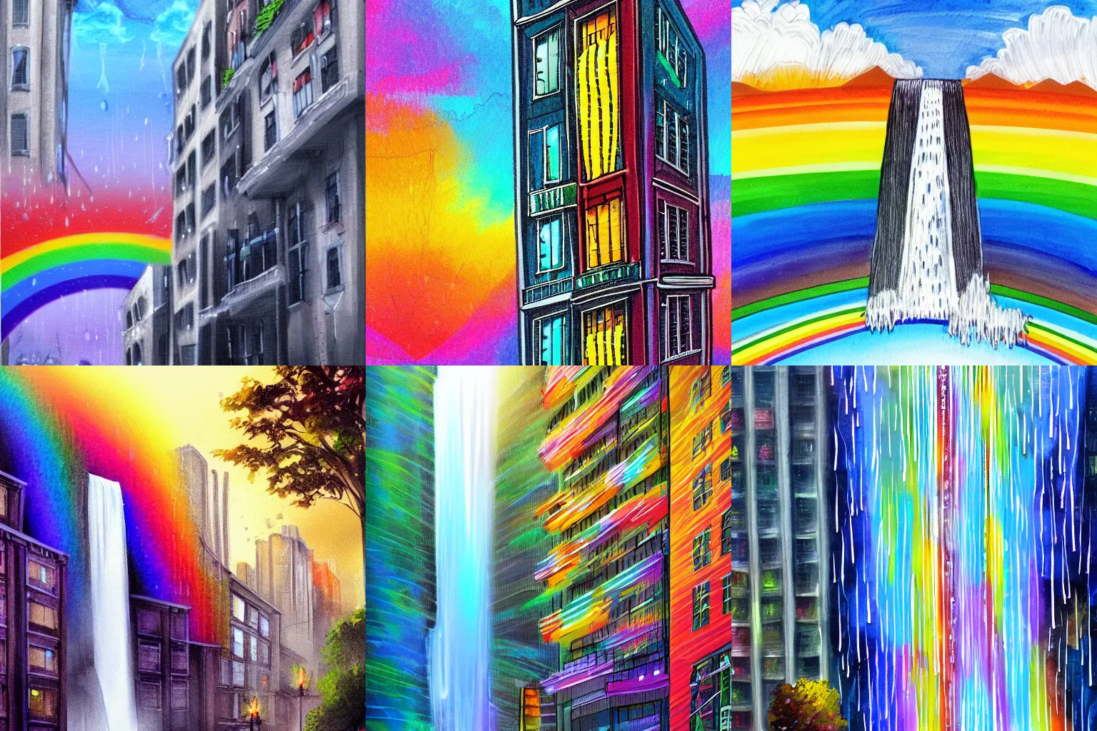 Prompt: waterfall cascading down a tall building on to street below, illustration, rainbow, sparkling, misty, trending on art station