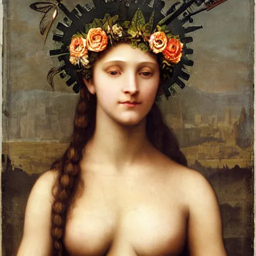Image similar to portrait of a beautiful young cyborg woman with a big steampunk flower crown and part mechanical face , Metropolis, by Leonardo Da Vinci in the style of Bouguereau