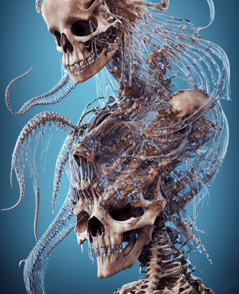 Image similar to close-up macro portrait of the face of a beautiful princess with animal skull mask, epic angle and pose ribcage skeleton, symmetrical artwork, 3d with depth of field, blurred background, cybernetic jellyfish female face skull phoenix bird, translucent, nautilus, energy flows of water and fire. a highly detailed epic cinematic concept art CG render. made in Maya, Blender and Photoshop, octane render, excellent composition, cinematic dystopian brutalist atmosphere, dynamic dramatic cinematic lighting, aesthetic, very inspirational, arthouse. y Greg Rutkowski, Ilya Kuvshinov, WLOP, Stanley Artgerm Lau, Ruan Jia and Fenghua Zhong