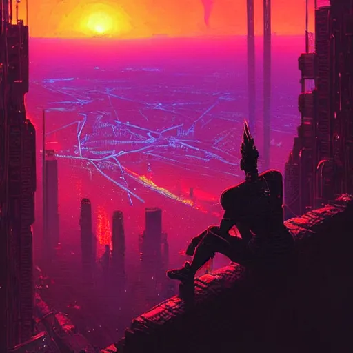 Image similar to a cyberpunk zulu warrior sitting on a cliff watching an enormous city burn!!! from a distance at night, fire!!, by alena aenami and android jones and greg rutkowski, Trending on artstation, hyperrealism, elegant, stylized, highly detailed digital art, 8k resolution, hd, global illumination, radiant light, detailed and intricate cyberpunk ghetto environment, rendered in octane, post processed, wide angle, dynamic portrait