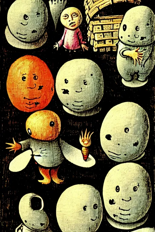 Prompt: hieronymus bosch illustration of humpty dumpty