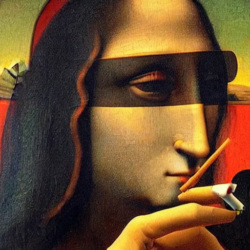 Prompt: mona lisa smoking a cigarette, cubism