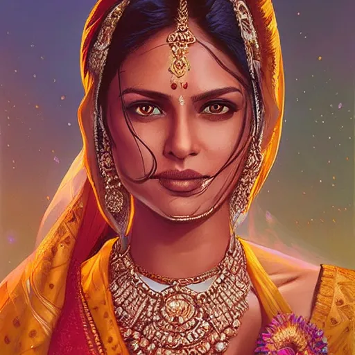 Prompt: portrait of Beautiful indian bride , full of details, matte painting, concept art, smooth, by Jordan Grimmer and by artgerm and by mark Brooks