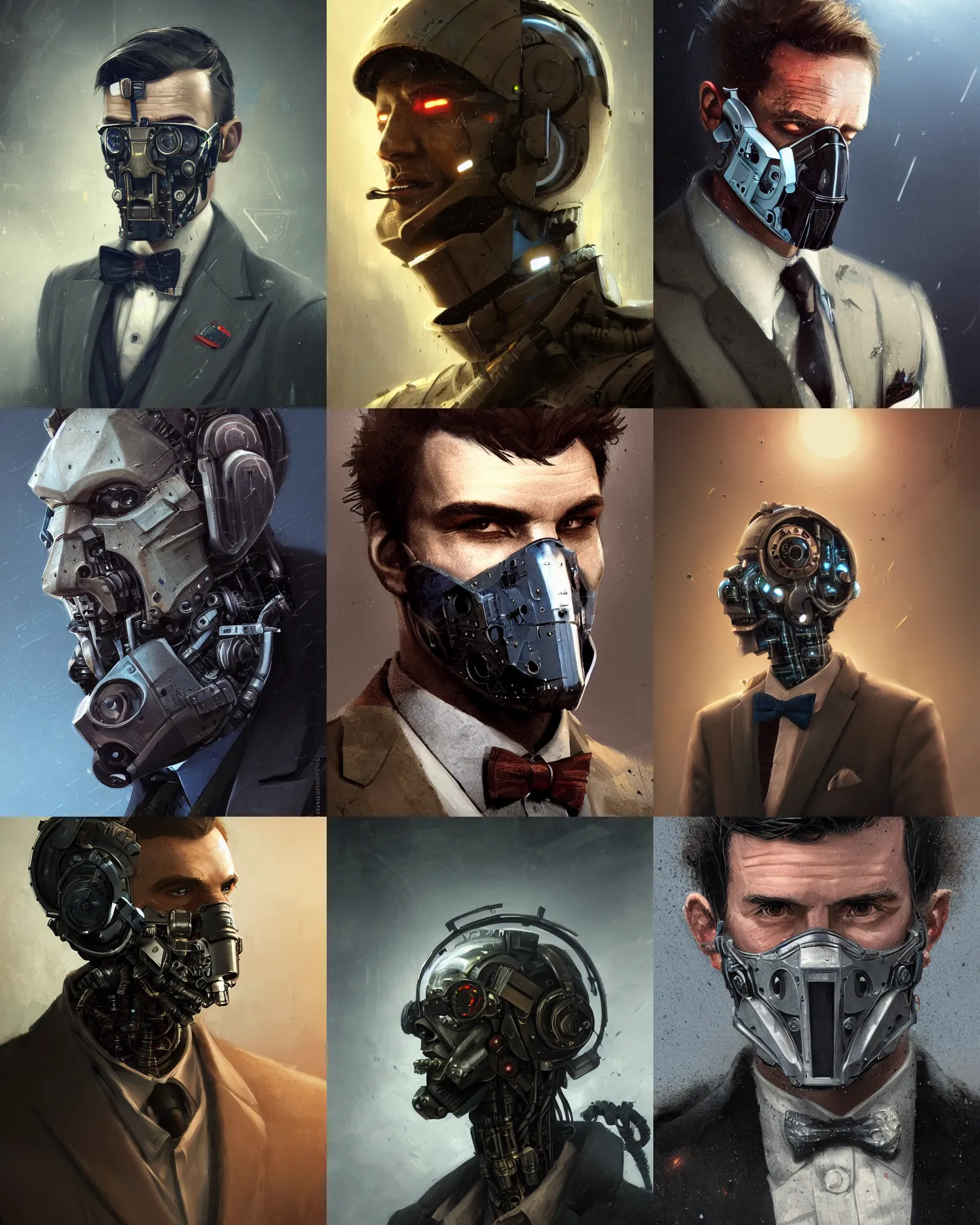 Image similar to a rugged young engineer man with cybernetic enhancements wearing a suit and bowtie, detailed face with mask, scifi character portrait by greg rutkowski, esuthio, craig mullins, 1 / 4 headshot, cinematic lighting, dystopian scifi gear, gloomy, profile picture, mechanical, half robot, implants, steampunk