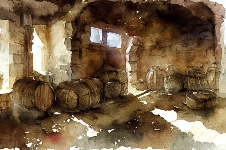 Prompt: watercolor painting of rustic ruin cellar, wooden crates, barrels, stone walls, lantern, very beautiful ambient lighting, sun rays, dust, art by anders zorn, sloppy aquarelle paint, paint brush strokes, splashes and drops and drips, wild painted
