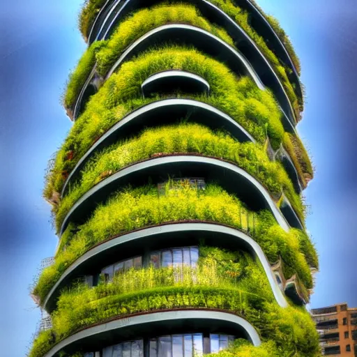 Image similar to of a building full of plants, futurism, mc Escher, photography, architecture, 8k, detailed