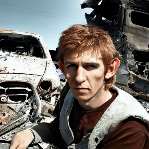 Prompt: close up headshot of a skinny high-fantasy elf with a long face narrow chin and spiky blonde hair wearing dark brown overalls and holding a bomb next to a destroyed car, high resolution film still, HDR color