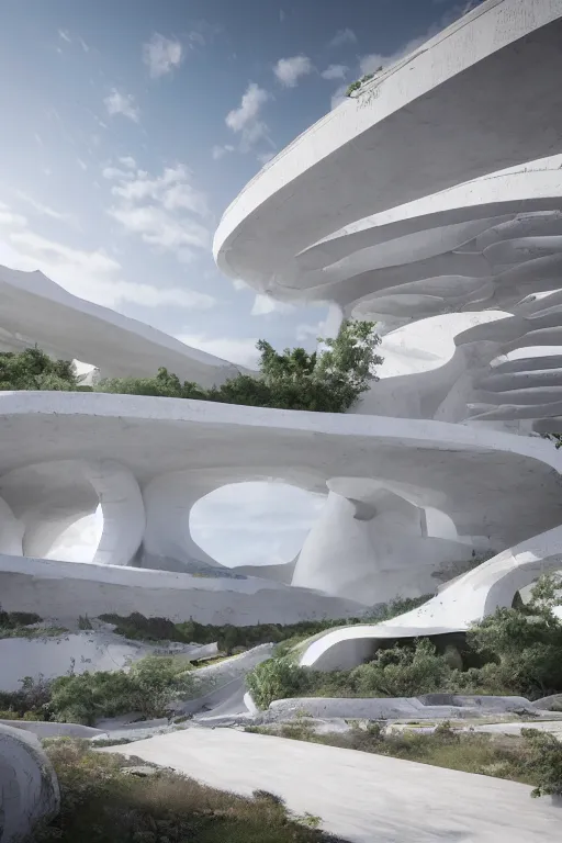 Image similar to bioremediation white architecture, in chuquicamata, epic, cinematic, hyperealistic, high detailed, corona render, hdr, ray tracing
