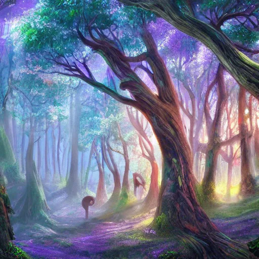 Image similar to A beautiful painting of a fantasy forest, digital art, lots of detail, 4k, ultra HD