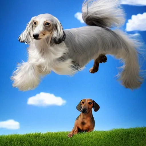 Image similar to photo of an elderly light gray overweight wire-haired dachshund with long hair floating in heaven, blue sky, white clouds