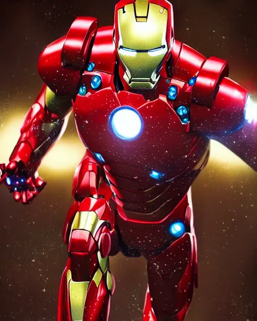 Image similar to ironman in a christmas themed suit, dynamic lighting, fantasy concept art, trending on art station, stunning visuals, creative, cinematic, ultra detailed