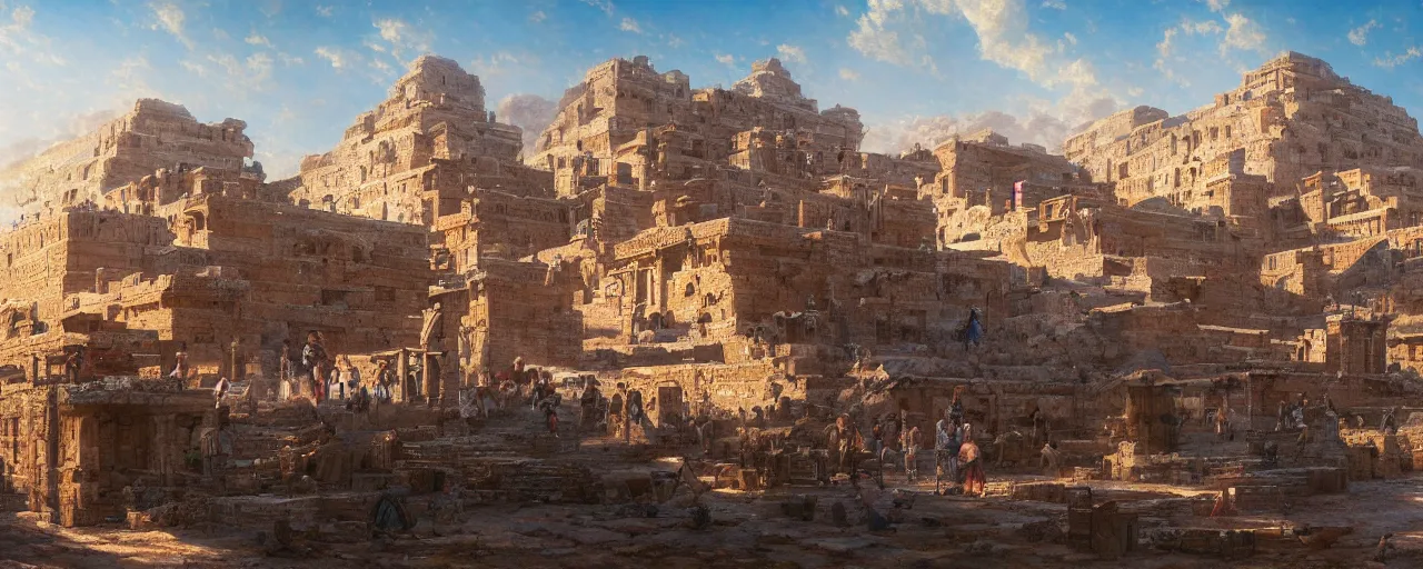 Prompt: A beautiful highly detailed epic painting of the lost city of thebes, egypt townscape, warm saturatured colors, clear blue sky by greg rutkowski and thomas kinkade, panorama, Trending on artstation HD.