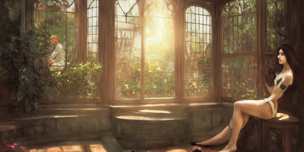 Image similar to ! dream artgerm, john william waterhouse style, long shot of bright sun with one beautiful girl sitting in a corner of an art nouveau style conservatory, atmospheric, highly detailed, 1 9 2 0's style speakeasy, digital painting, artstation, concept art, smooth, sharp focus, illustration,