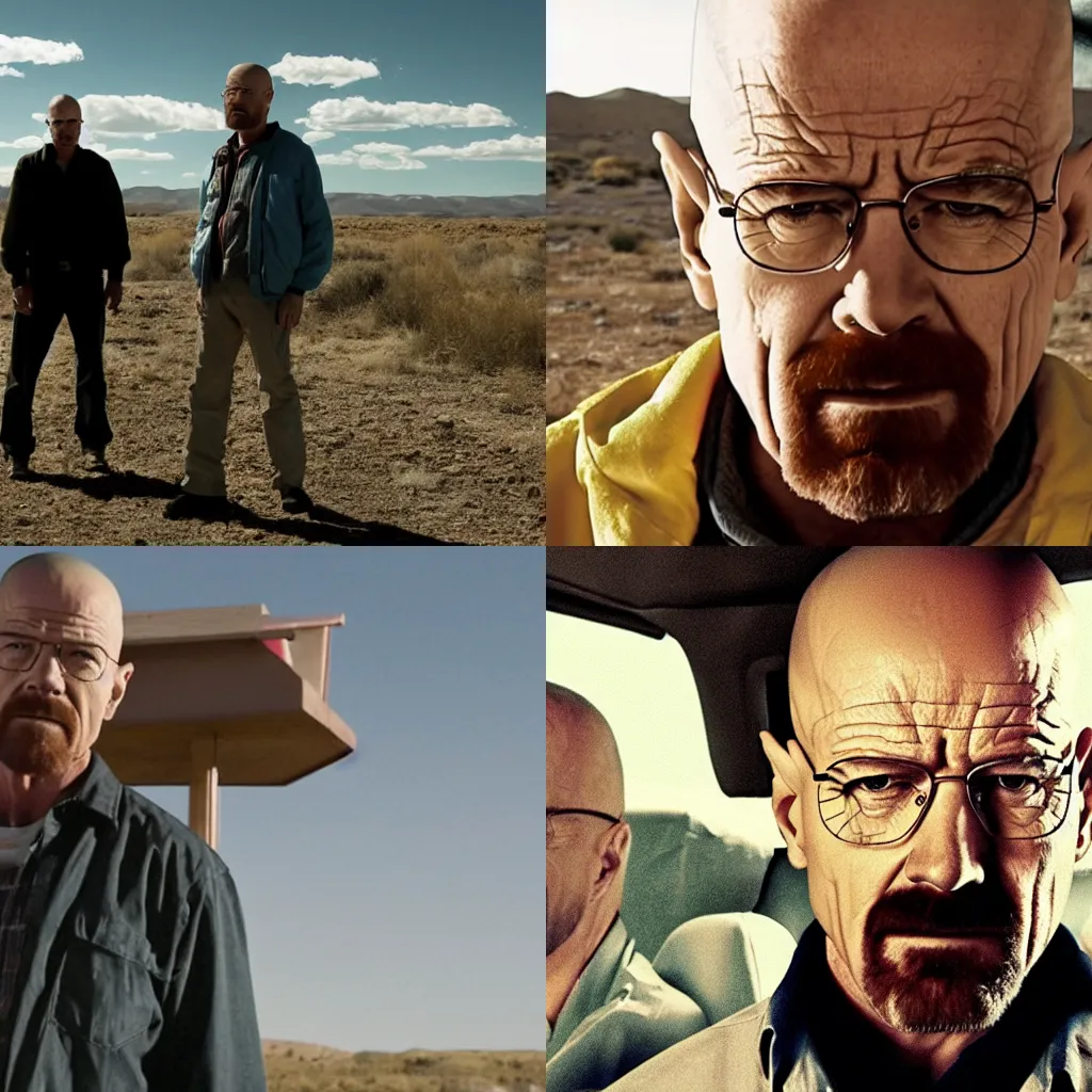 Prompt: a movie still from breaking bad depicting the exact moment walter white became heisenburger