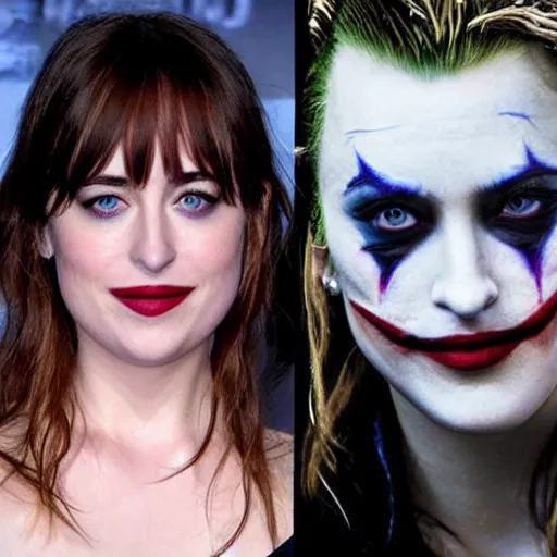 Image similar to beautiful dakota johnson with joker makeup, highly detailed, realistic face, detailed face, amazing digital art