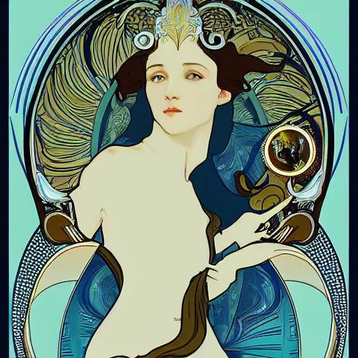 Image similar to “Art Nouveau poster of dolphin in style of Alphonse Mucha, 8k”