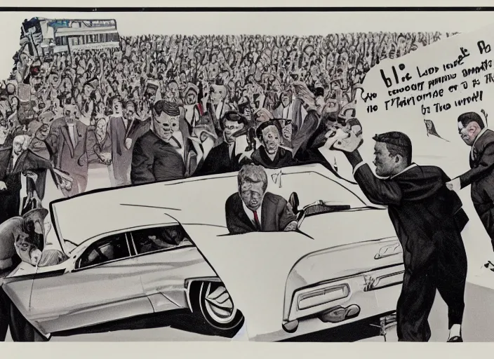 Prompt: a caricature of the zapruder film's frame the moment jfk is shot by lee harvey oswald