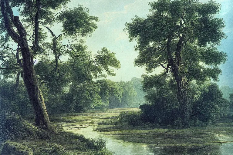 Image similar to painting of a old tree next to a meandering river by alexei savrasov