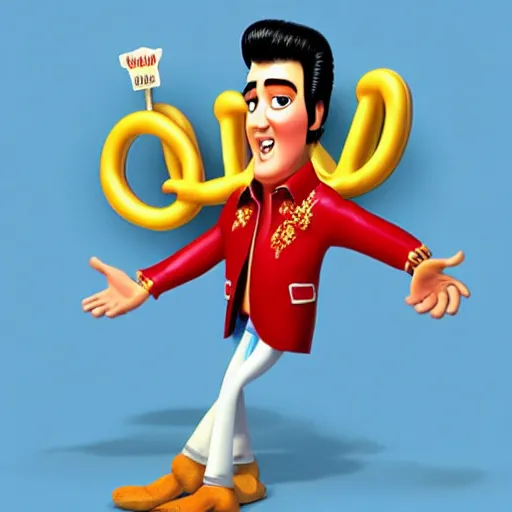 Image similar to elvis presley with pretzel!!!! legs, pixar character, stage background, pixar, 3 d,