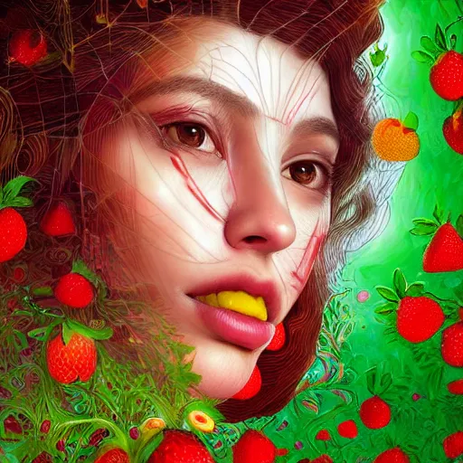 Image similar to the portrait of an absurdly beautiful, graceful, elegant, young mexican girl made of strawberries and green petals, an ultrafine hyperdetailed illustration by kim jung gi, irakli nadar, intricate linework, bright colors, octopath traveler, final fantasy, angular, unreal engine 5 highly rendered, global illumination, radiant light, detailed and intricate environment