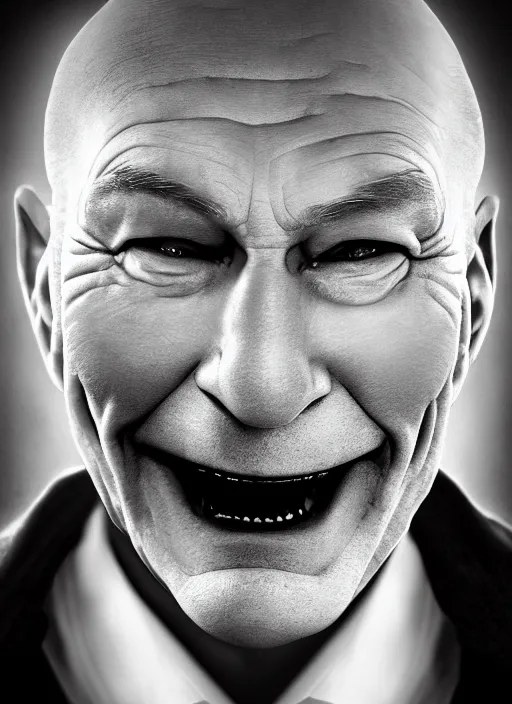 Prompt: photo of Patrick Stewart as the Joker by Lee Jeffries, horror, big smile, detailed, award winning, Sony a7R, trending on artstation