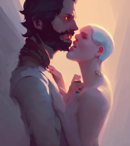 Image similar to portrait of anders from dragon age hugging a beautiful woman by atey ghailan, by greg rutkowski, by greg tocchini, by james gilleard, by joe fenton, by kaethe butcher, dynamic lighting, gradient light blue, brown, blonde cream and white color scheme, grunge aesthetic
