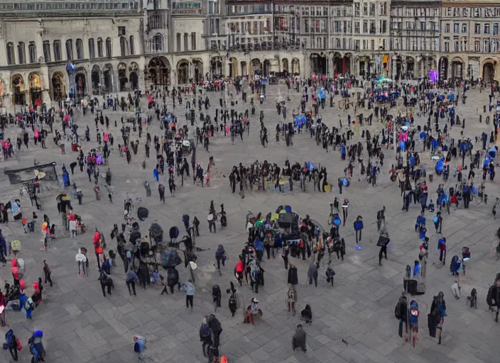 Prompt: a city square and everyone in the city square is wearing a vr headset ignoring each other