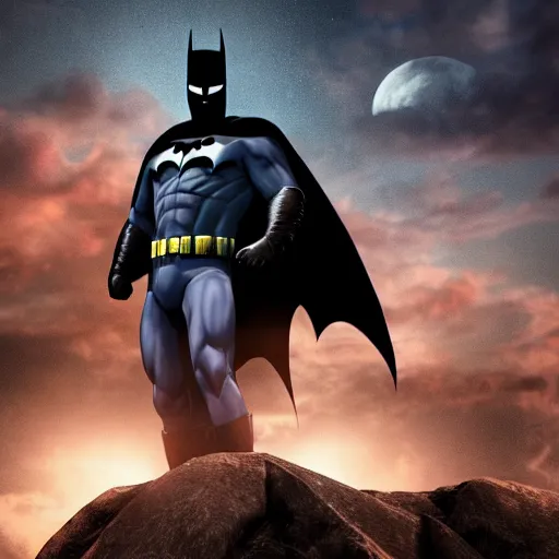 Image similar to A realistic photo with a mix of Moon Knight and batman from DC, hyper-realistic, 8K HDR, full moon.