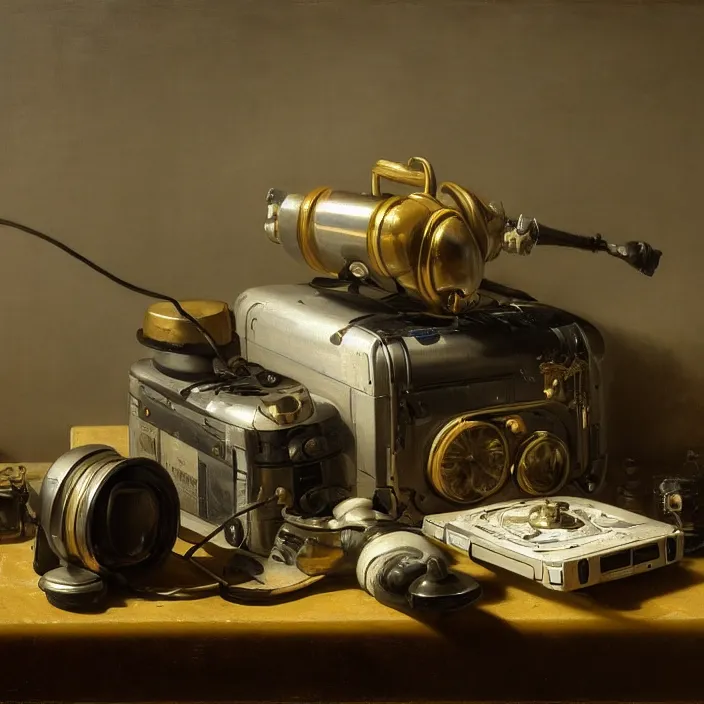 Image similar to still life painting of cyberpunk technology by pieter claesz, oil on canvas, strong lighting, highly detailed, hyper realism, golden hour, god rays, hd, 4 k