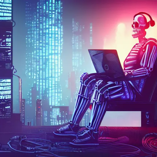 Image similar to cyberpunk skeleton with headphones playing synthesizer, smoke, lights, lasers, highly detailed, realistic,