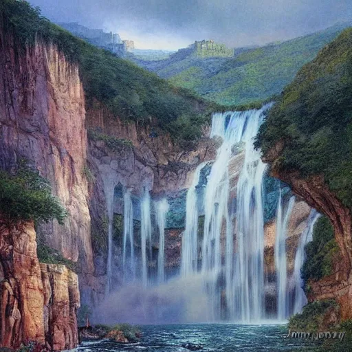 Image similar to waterfall city by james gurney