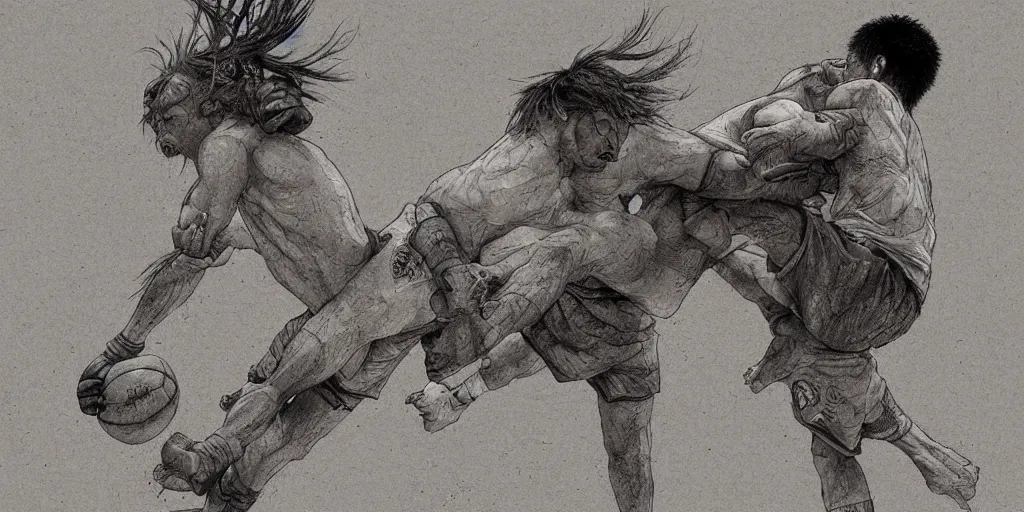 Prompt: digital illustration of mixed martial arts and basketball by john kenn mortensen, indi sulta, beksinski, nicola samor, highly detailed, abstract, intricate, studio ghibli color scheme