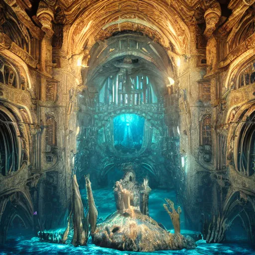 Image similar to an intricate photograph of an underwater cathedral at the bottom of the ocean surrounded by mermaids by david lachapelle, dark and scary abyssal ambient, photorealistic, octane render, unreal engine, 4 k, smooth lighting, subaquatic photography,