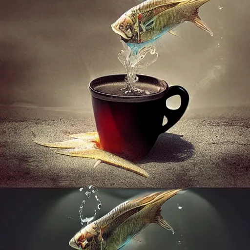 Image similar to photomanipulation of a supernatural fish drinking a cup of tea by a straw.