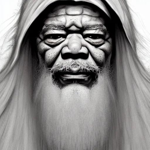 Image similar to evil morgan freeman as evil wizard saurman the white, long white hair and white beard, beautiful pure white warlock flowing robes, long black wizard staff by alan lee, lord of the rings, smooth, oil painting, matte painting, concept art, trending on artstation, promotional artwork, film still, elegant, photorealistic facial features, intricate, detailed face, cinematic lighting