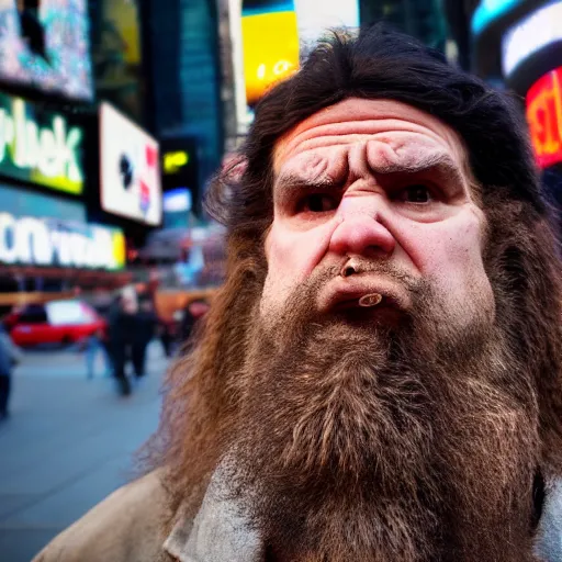 Image similar to a confused looking caveman in the middle of times square, high quality, high resolution