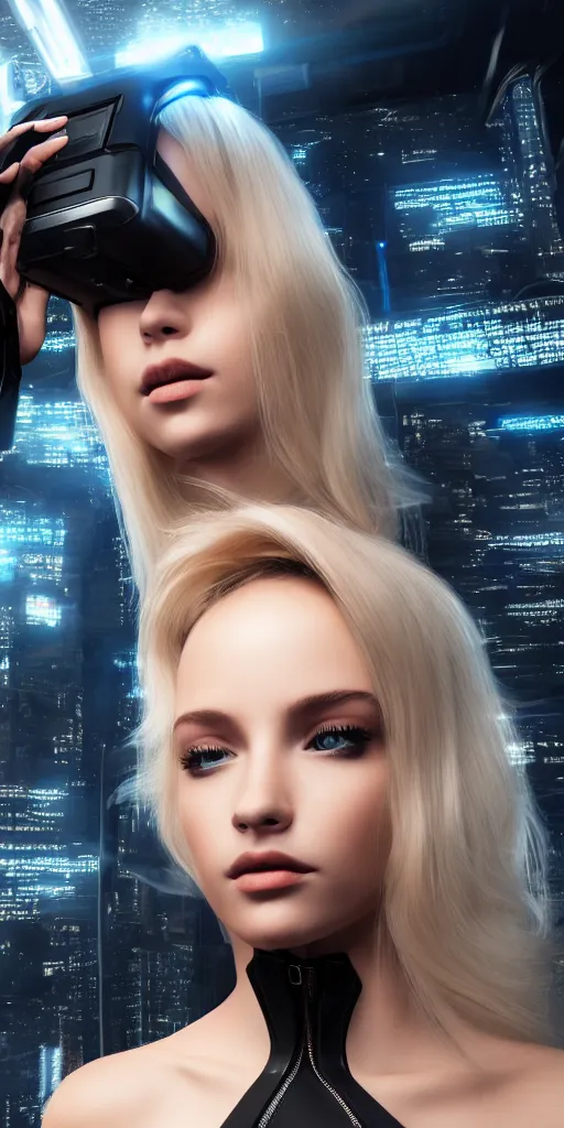 Image similar to a beautiful blonde girl trapped in virtual reality, futuristic, cyberpunk, 3 d rendered, 3 d rendering, dramatic lighting, dark theme, hdr, unreal engine 5, crazy realistic