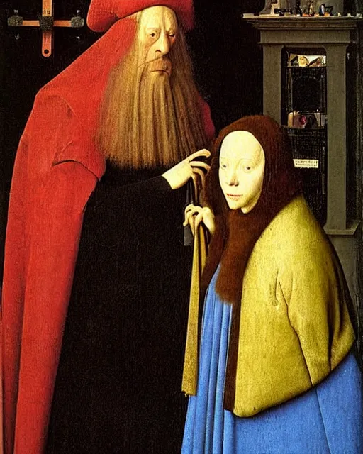 Prompt: The Arnolfini Portrait By Jan van Eyck painting by Hieronymus Bosch