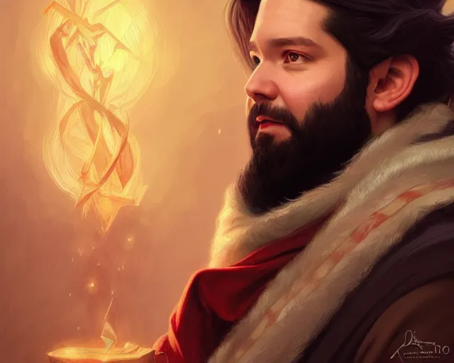 Image similar to a portrait of alexis ohanian as a wizard, handsome, deep focus, d & d, fantasy, intricate, elegant, highly detailed, digital painting, artstation, concept art, matte, sharp, illustration, hearthstone, art by artgerm and greg rutkowski and alphonse mucha